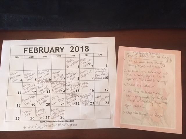 Freezer Meal Calendar for Baby Shower